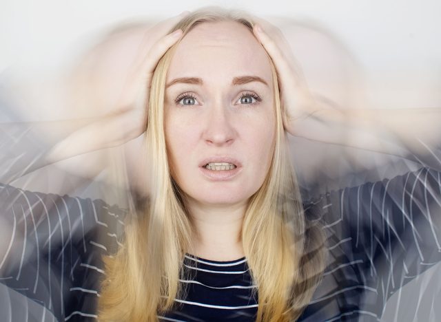 Woman loses consciousness and falls down due to dizziness and disturbance of the vestibular apparatus. Severe headache and migraine. Concept of helping people suffering from migraines and dizziness