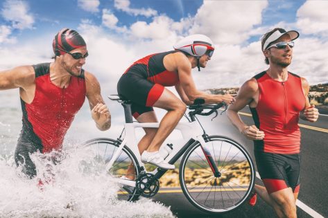 Triathlon swim bike run triathlete man training for ironman race concept. Three pictures composite of fitness athlete running, biking, and swimming in ocean. Professional cyclist, runner, swimmer.
