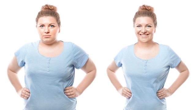Young woman before and after weight loss on white background. Health care and diet concept