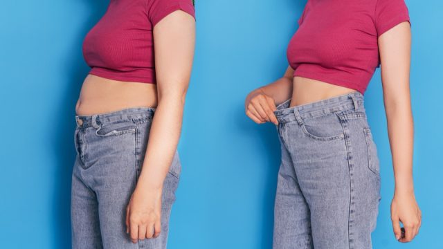 Girl,Before,And,After,Losing,Weight,Against,A,Blue,Background.