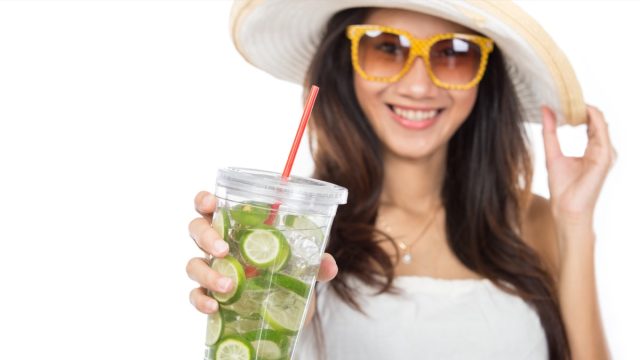 Happy,Young,Woman,Enjoying,Fresh,Lime,Infuse,Water,Isolated,Over