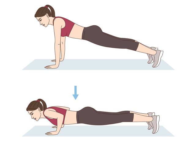 Fitness and Workout. A woman is doing sports exercises. Push-ups. Workout for arms and pectoral muscles. Fitness for weight loss. 