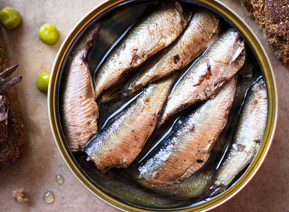 Tin can of sprats, sardines. Top view, fish