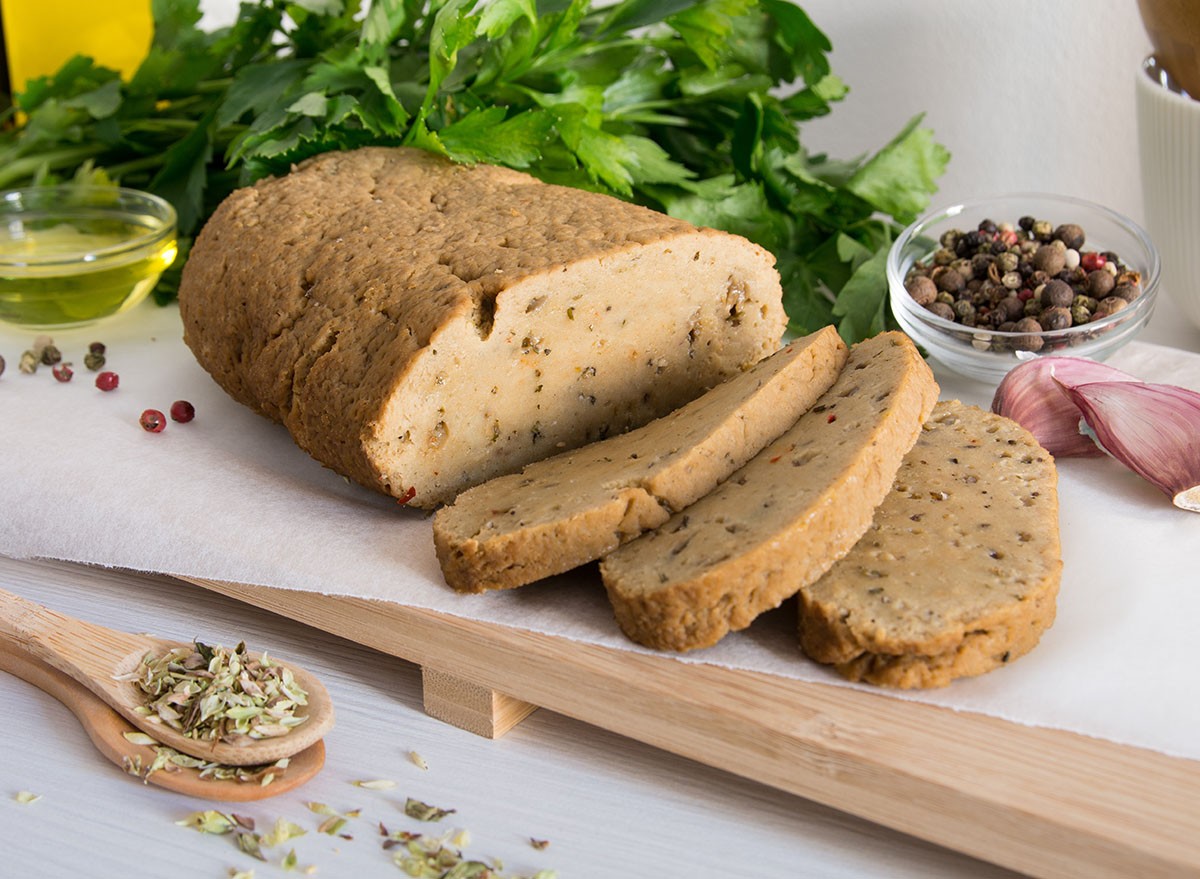 seitan or vegan meat sliced with spices such as oregano, pepper, garlic, and parsley.