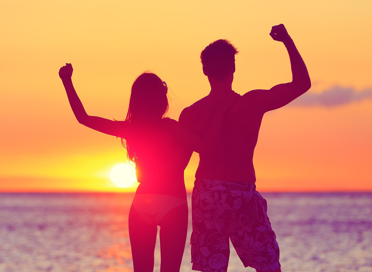 Happy,Fitness,People,couple,Beach,,Sunset,Muscles,ocean,sea,sun,celebrate