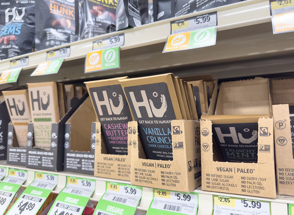 Los Angeles, California, United States - 02-01-2023: A view of several packages of Hu Kitchen chocolate bars, on display at a local grocery store.