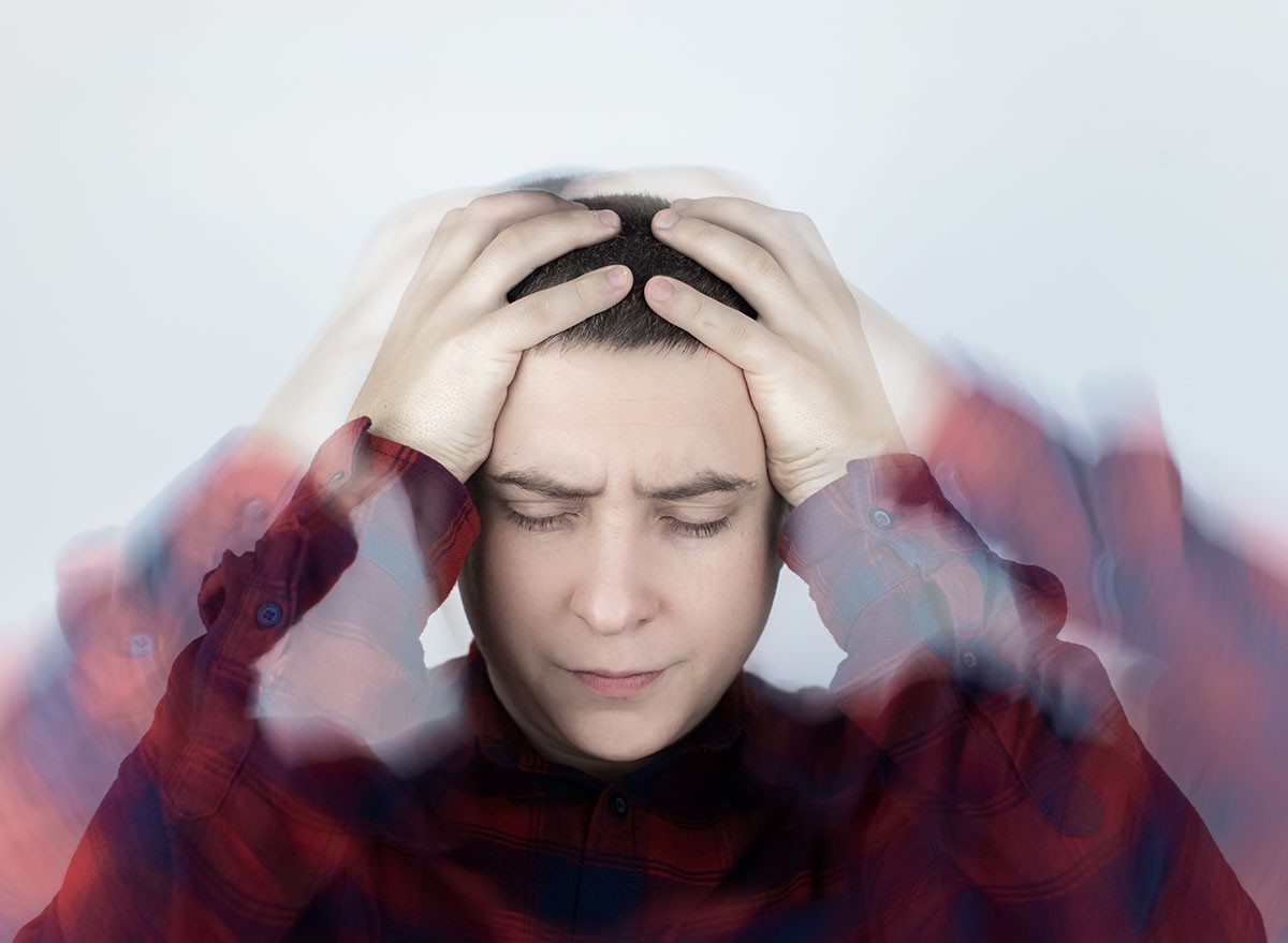 Man loses consciousness and falls down due to dizziness and disturbance of the vestibular apparatus. Severe headache and migraine. Concept of helping people suffering from migraines and dizziness