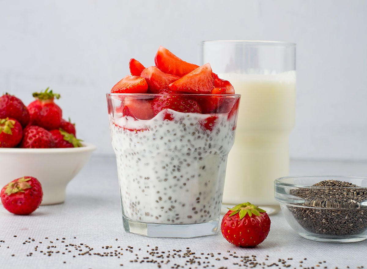 Chia pudding made from yogurt, chia seeds and strawberries on a light background, horizontal. Useful, healthy eating, diet, self-care. A healthy, easy dessert for breakfast.