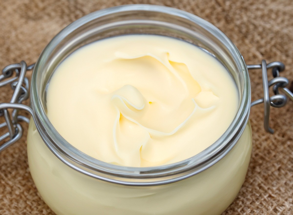 Creamy Homemade beef tallow glass , close-up