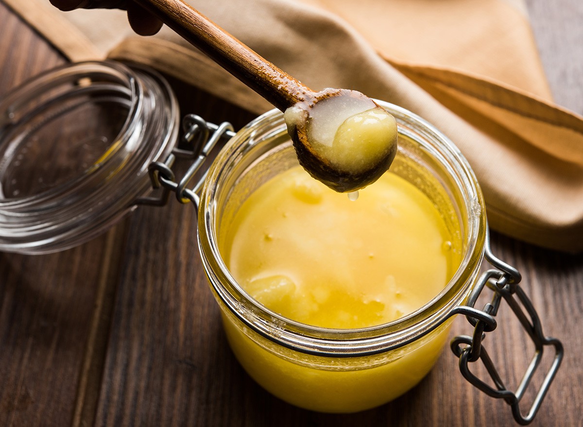 Pure OR Desi Ghee also known as clarified liquid butter. Selective focus